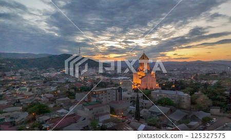 Drone point of view on Holy Trinity Cathedral at sunset 125327575