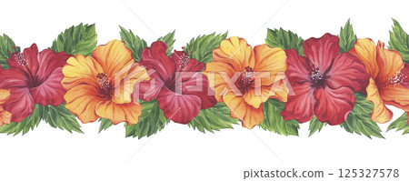 Red and orange hibiscus floral border in watercolor technique Red and orange hibiscus floral border in watercolor technique 125327578