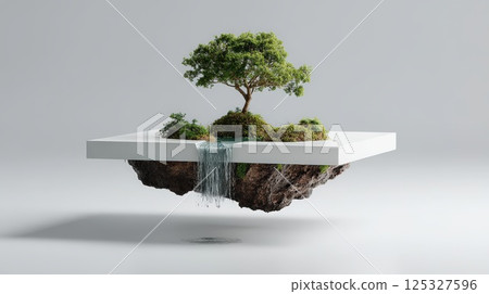 Floating Island With Tree and Waterfall on Minimal Background Floating Island With Tree and Waterfall on Minimal Background 125327596