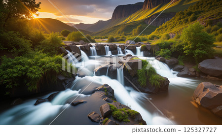 Waterfall in the valley on a cloudy and sunny day. 125327727