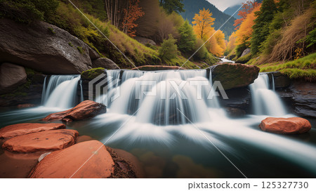 Beautiful waterfall in the middle of the forest. Clear water with moss and trees around. 125327730