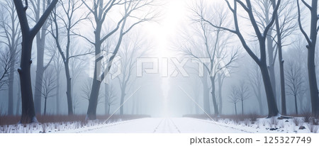 Winter background, snow-covered road, trees with many branches on the side of the road, 125327749