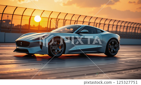 A modern sports car on a racetrack in the evening. 125327751