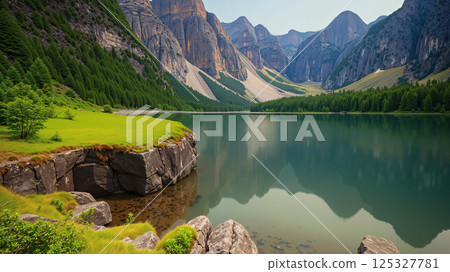 Morning river view, beautiful atmosphere with high mountains and sky as the backdrop. 125327781