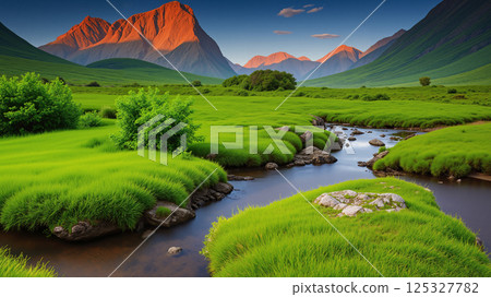 Forest and stream landscape with mountains and sky as the backdrop. 125327782