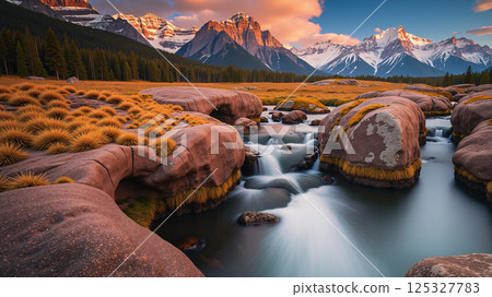 A stream flows into a small waterfall on a yellow-orange grassland, with tall mountains and sky as a backdrop. 125327783