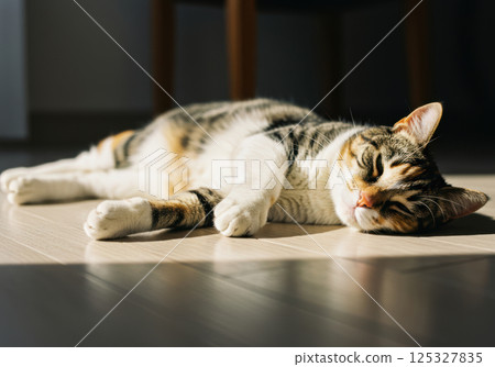 Close-up of a calico cat relaxing in the sun (AI-generated image) 125327835