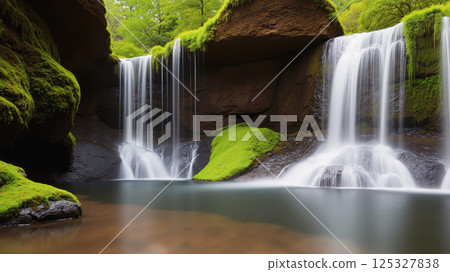 Beautiful waterfall in the middle of the forest. Clear water with moss and trees around. 125327838