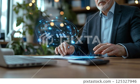 A business executive closely examining AI-powered data analytics and logistics optimization on a digital dashboard, making strategic decisions for their organization's growth and efficiency. 125327946