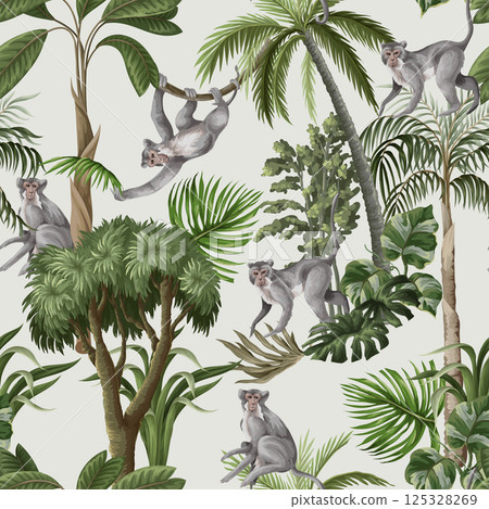 Seamless pattern with monkeys and jungle trees. Vector. Seamless pattern with monkeys and jungle trees. Vector. 125328269