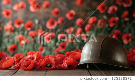 Rusty Military Helmet on Wooden Surface with Red Poppies in Background as Symbol of Remembrance 125328571