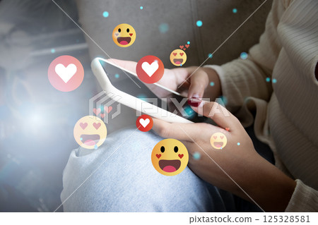 Use of social media and digital smartphones Holiday lifestyle and social media concept online marketing Connecting technology networks in global business. 125328581