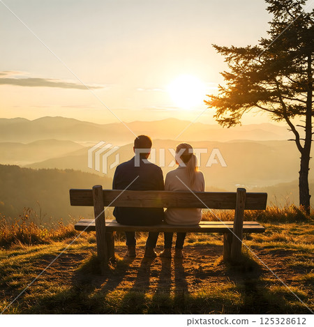 Sunset Serenity: A couple sits peacefully on a bench, silhouetted against a vibrant sunset. 125328612