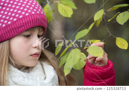 Pretty child girl wearing warm winter clothes holding tree branch with green leaves in cold weather outdoors. 125328713