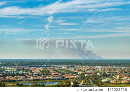Prescribed fire smoke rising up over suburban neighborhood in Florida 125328716