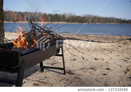 Close-up fire in grill on beach near the lake and forest. Piknic time, friying food in nature, Street food outdoor 125328886