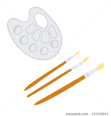Three paintbrushes and a gray artist palette 125328931