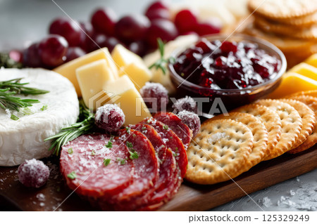 Charcuterie board features variety of cheeses, cured meats, crackers, grapes, and berry jam 125329249