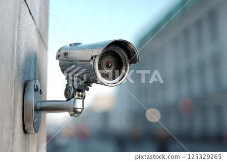 Outdoor surveillance camera mounted on wall 125329265
