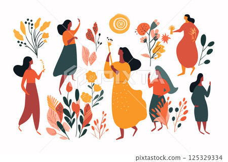Vector isolated illustration of set of women with flowers on white background. International Women's Day. 125329334