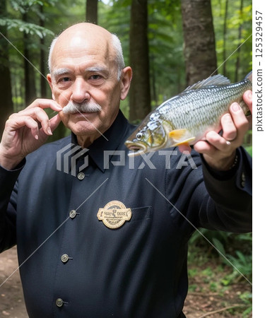 Senior man holding a fish in his hand 125329457