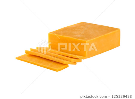 pieces of red cheddar cheese isolated on a white background. 125329458