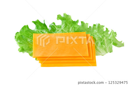 Stack of cheddar cheese slices, sliced natural cheese cheddar isolated on a white background. 125329475
