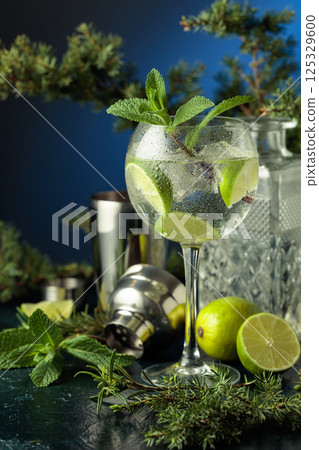 Cocktail gin and tonic with ice and lime slices. 125329600