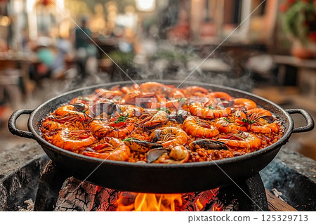 Seafood paella cooking outdoors in a bustling street during a sunny evening 125329713