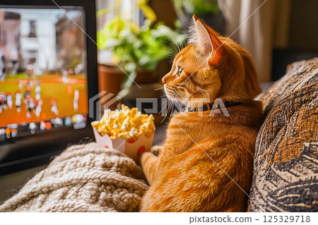 Cat enjoys movie time on the couch with popcorn and a cozy blanket in a bright living room 125329718