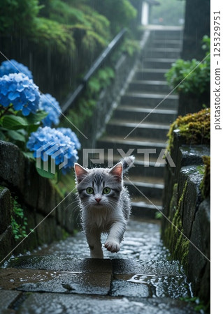 尾道雨中的小貓和繡球花 尾道雨中的小貓和繡球花 125329751