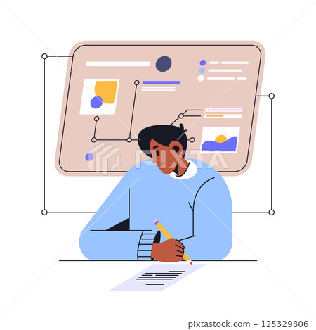 Student preparing for exam with data, graphs, analytics. Vector academic learning and knowledge of statistics and math study with paper writing. School education, university science digital learning. 125329806