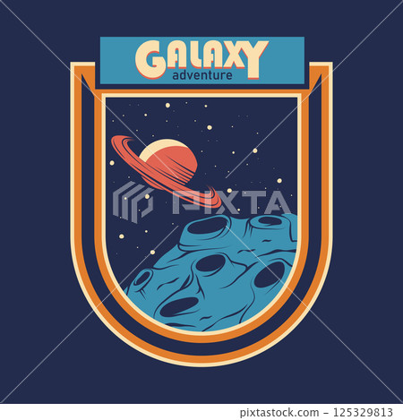 Vector space patch with Saturn and crater planet. Astronomy label or astrophysics insignia. Giant ring planetary crevasse graphic. Universe and solar system, galaxy travel. Science and exploration. 125329813