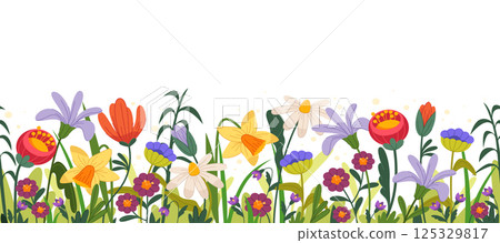 Seamless flower field border pattern. Vector background with meadow plant or blooming wildflower. Backdrop ornament with foliage, decoration with garden foliage. Spring nature and summer flora beauty. Seamless flower field border pattern. Vector background with meadow plant or blooming wildflower. Backdrop ornament with foliage, decoration with garden foliage. Spring nature and summer flora beauty. 125329817