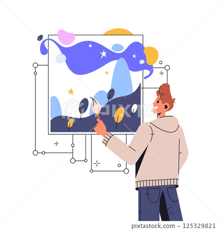 Male digital artist painting artwork with brush on electronic frame. Vector symbol for painter creative process. Man doing art creation and visual expression on technological canvas. Modern designer. 125329821