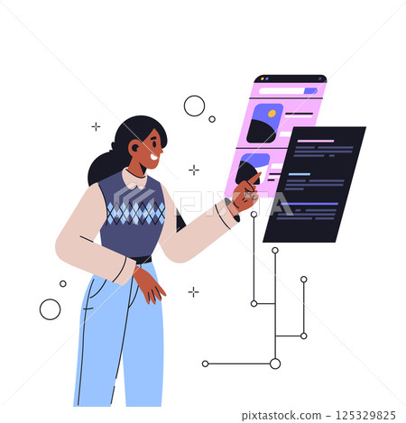 Vector woman use mobile application and interact with app big touchscreen. Cartoon clipart with female tapping on digital frame. Flat character with modern interface interaction. Smartphone technology 125329825