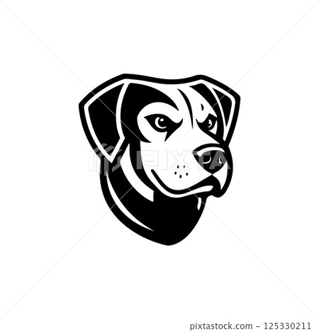 Illustration of angry dog head. Design element for poster card, logo, emblem, sign. Vector illustration 125330211