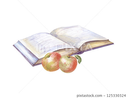 Watercolor composition with an open book and a pair of red apples lying next to it. Each element is hand-drawn. Isolated. 125330324