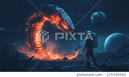 Astronaut encounters a giant fiery serpent in a surreal extraterrestrial landscape at night 125330383
