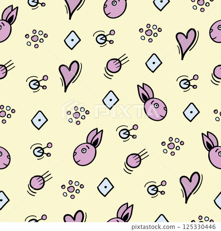 Cute rabbit heads on yellow background, seamless pattern 125330446