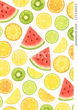 Watercolor fruit slices seamless pattern background, Summer fresh fruits colorful pattern 125330455