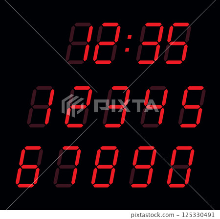 Digital numbers isolated on black background. 125330491