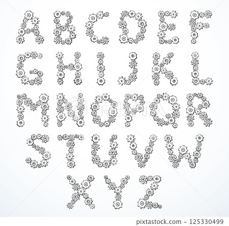 Vector alphabet of cheerful caricature hand-drawn characters consisting of spinning gears Vector alphabet of cheerful caricature hand-drawn characters consisting of spinning gears 125330499
