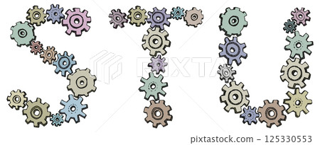 Vector alphabet of caricature letters from spinning gears 125330553