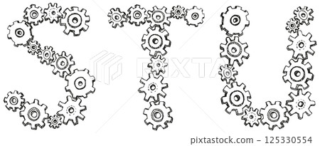 Vector alphabet of caricature letters from spinning gears 125330554
