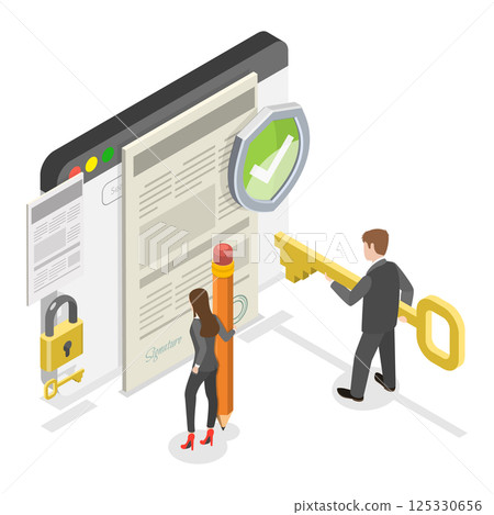 3D Isometric Flat  Illustration of Secured Document. Item 2 125330656
