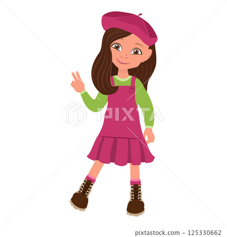 Flat  Illustration of Kid Girl in Red Dress and Beret. Item 5 125330662