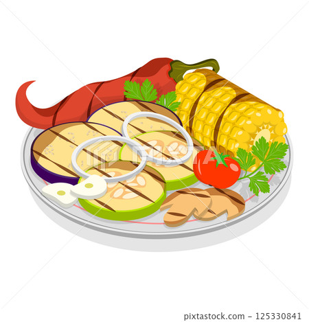 3D Isometric Flat Set of Vegetarian Dishes. Item 1 3D Isometric Flat Set of Vegetarian Dishes. Item 1 125330841