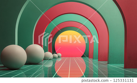 Fantastic colored abstract architectural rendering, digital art space sphere and reflections 125331131