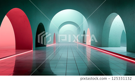 Fantastic colored abstract architectural rendering, digital art space sphere and reflections 125331132